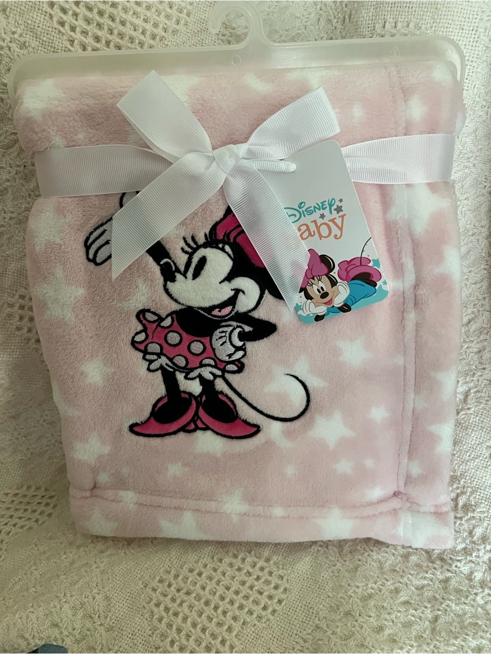 New Lambs & Ivy Disney Pink Minnie Mouse Plush Baby Blanket White Star Pattern